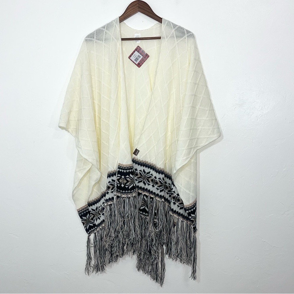 MUK LUKS Open Front Knit Poncho Cape Ruana Fringe Ivory Fair Isle Wrap OS